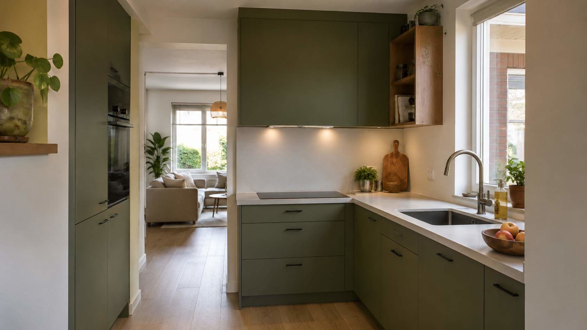 Moderne olijfgroene keuken die openstaat naar de woonkamer