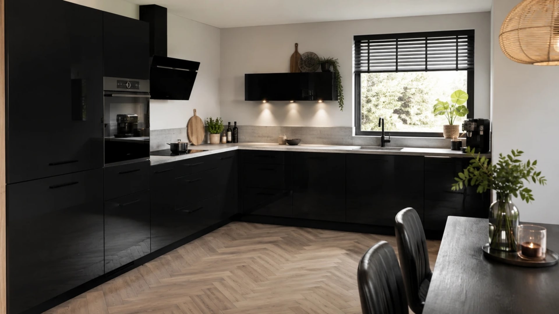 Zwarte hoekkeuken met betonlook werkblad en houten plank