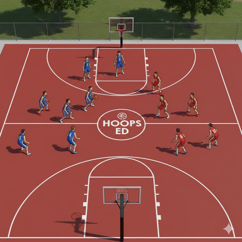 Top-down view of a standard basketball court showing all markings and player positions for beginners