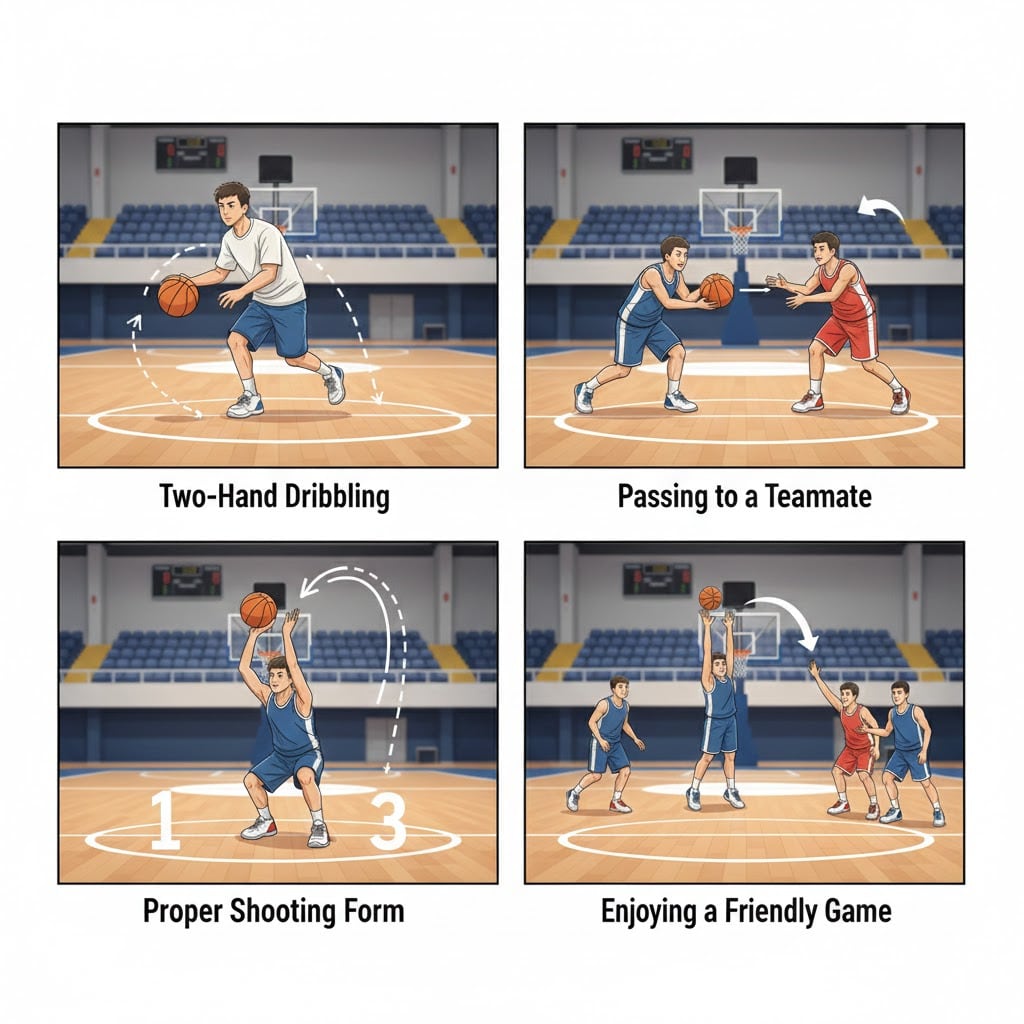 Collage showing beginner basketball tips including dribbling, passing, shooting, and enjoying the game