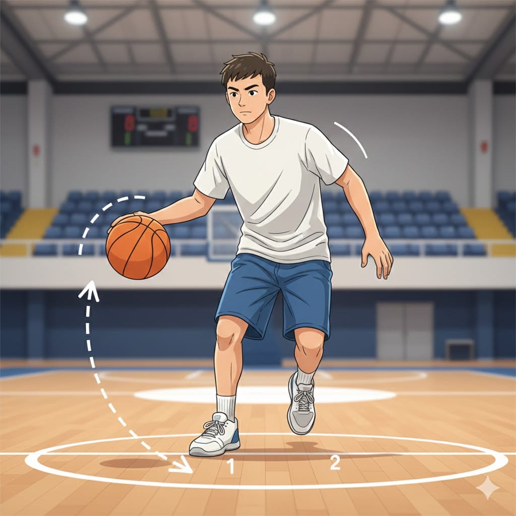 Beginner basketball player dribbling the ball with one hand on an indoor court