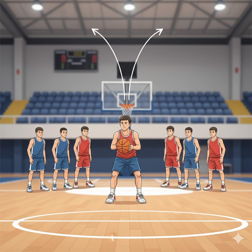 Basketball player taking a free throw with proper form while other players wait outside the key