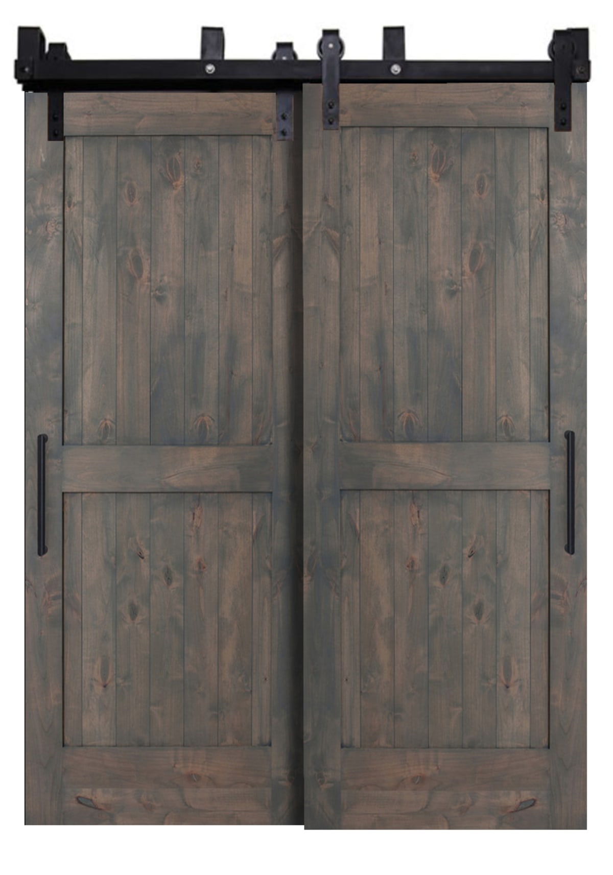 Gray two-panel wood bypass doors with black sliding hardware