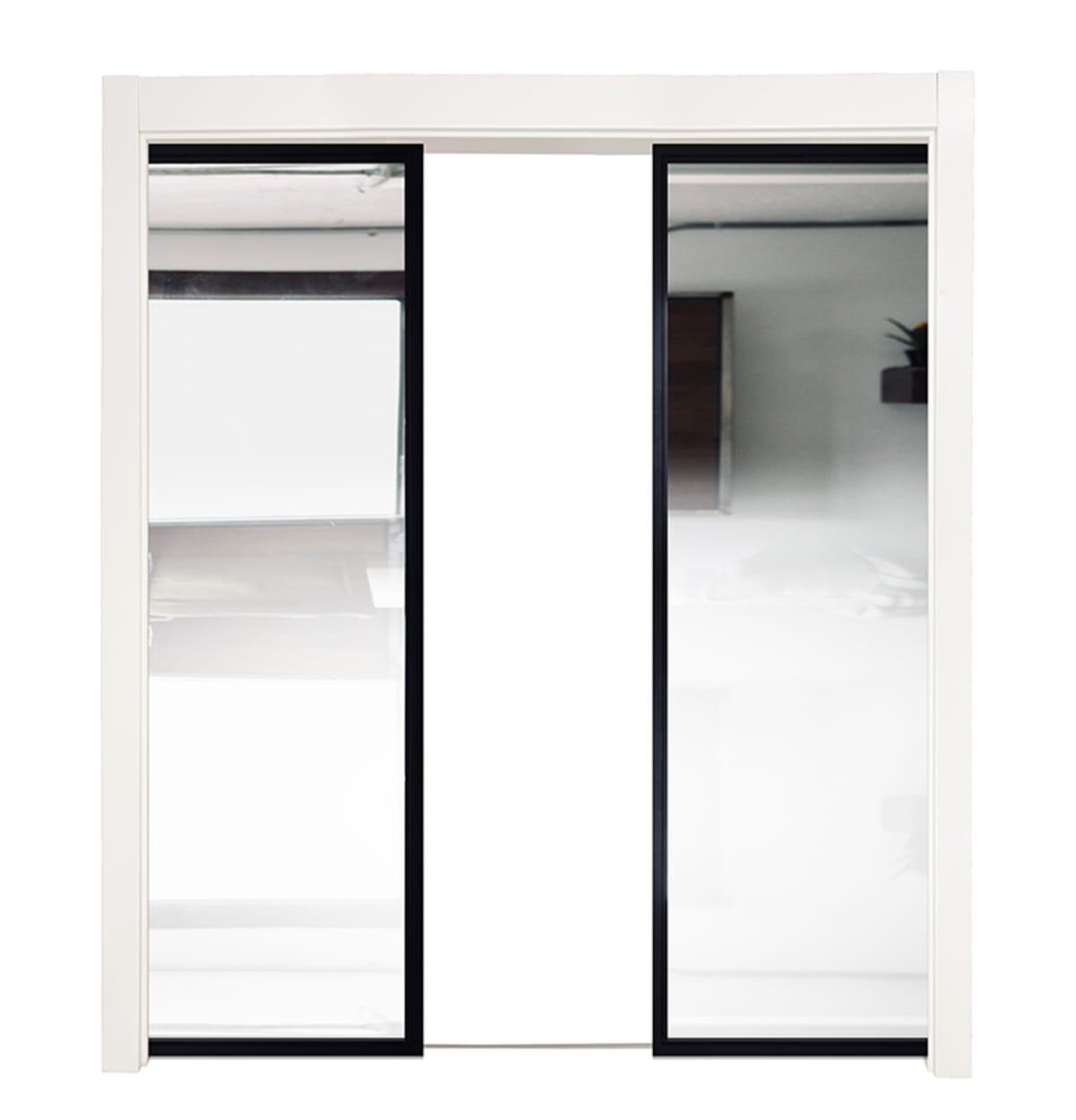 Black-framed mirrored double pocket doors