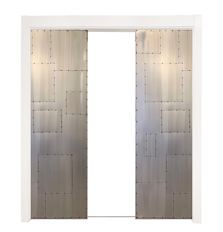 Salvaged Scrap Metal Double Converging Pocket Doors