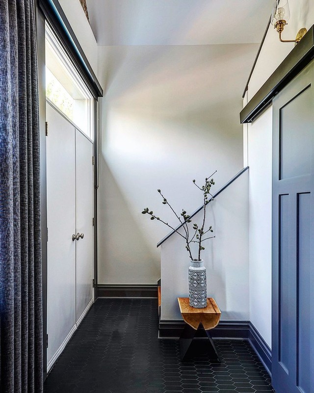 modern farmhouse contemporary entryway with blue barn door