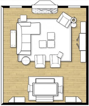 Family room floor plan with fireplace