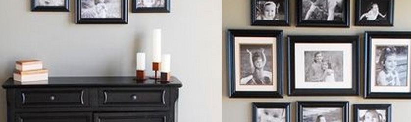 Photos arranged in entryway of home