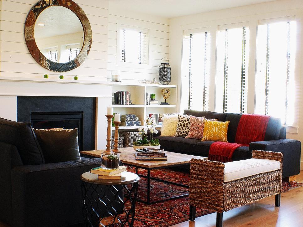 off white living room with navy couches