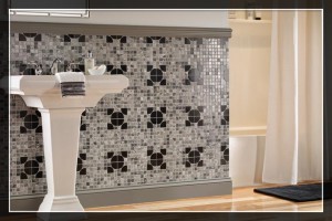 bathroom sink with tiled backsplash