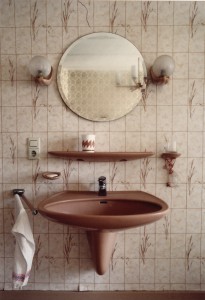 Bathroom mirror, floating shelf and sink