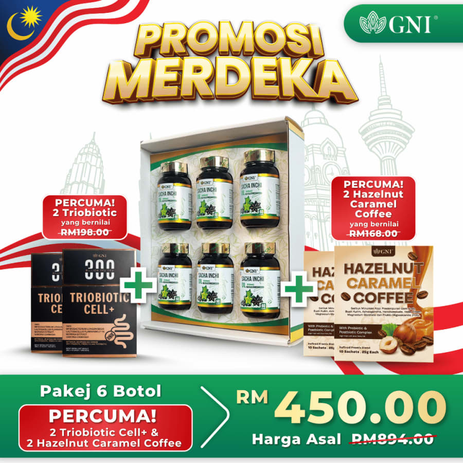 Pakej 6 Sacha Inchi, 2 Triobiotic dan 2 Hazelnut Caramel Coffee