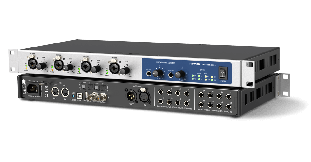 RME audio interface หน้าตรง ภาพผลิตภัณฑ์ใช้งานในสตูดิโอ