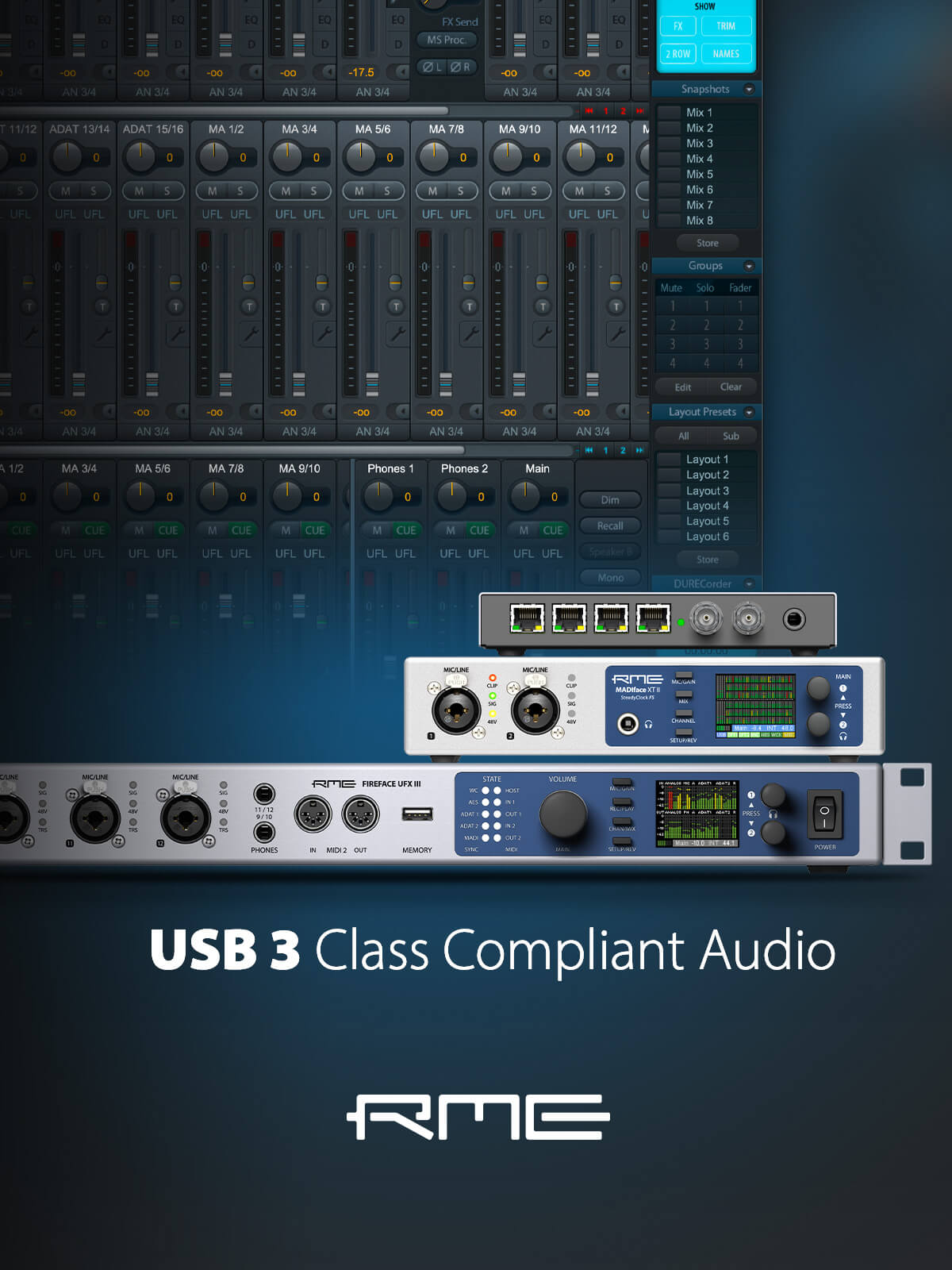 ภาพโปรโมต RME Fireface UFX III แสดงซอฟต์แวร์และตัวอุปกรณ์ USB 3