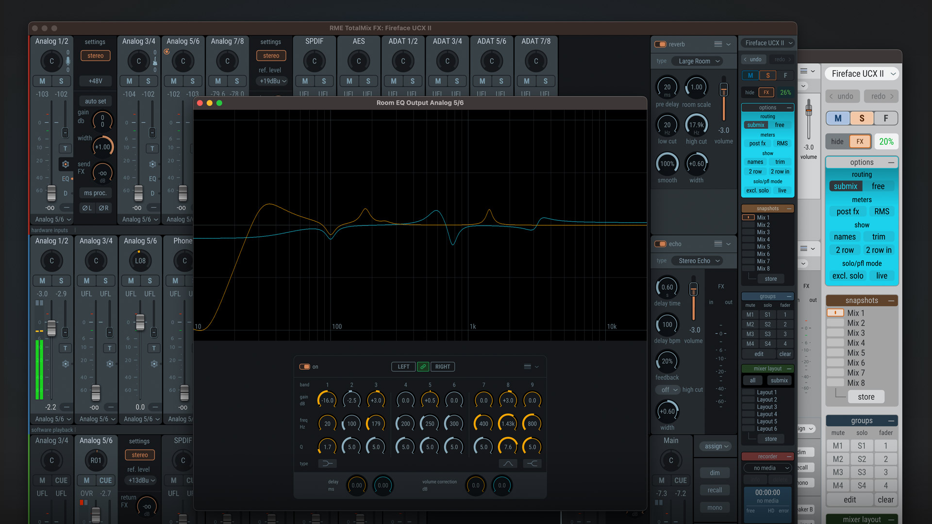 หน้าจอซอฟต์แวร์ TotalMix ของ RME Fireface UCX II ใช้ควบคุมการตั้งค่าเสียงในสตูดิโอ