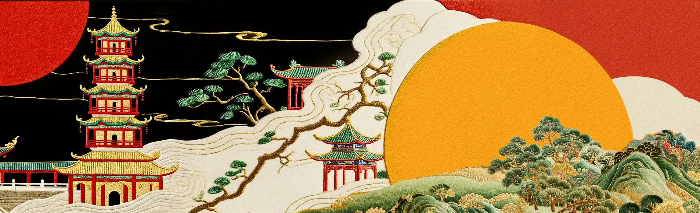 国风建筑与山水装饰横幅