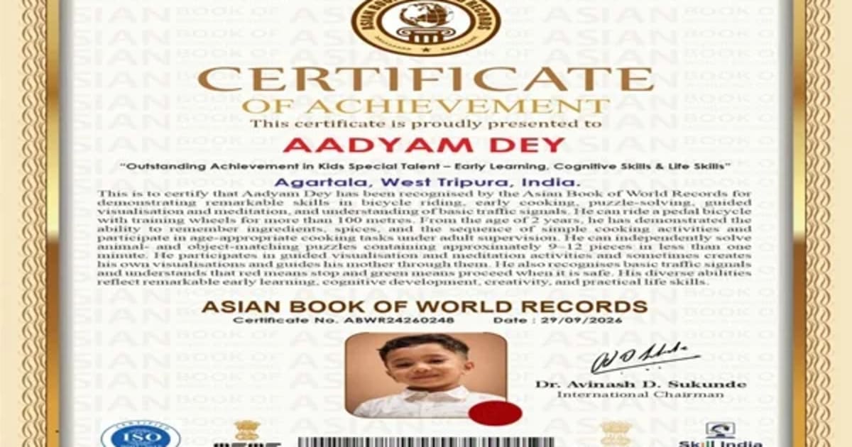Three-year-old Agartala boy recognised by Asian Book of World Records