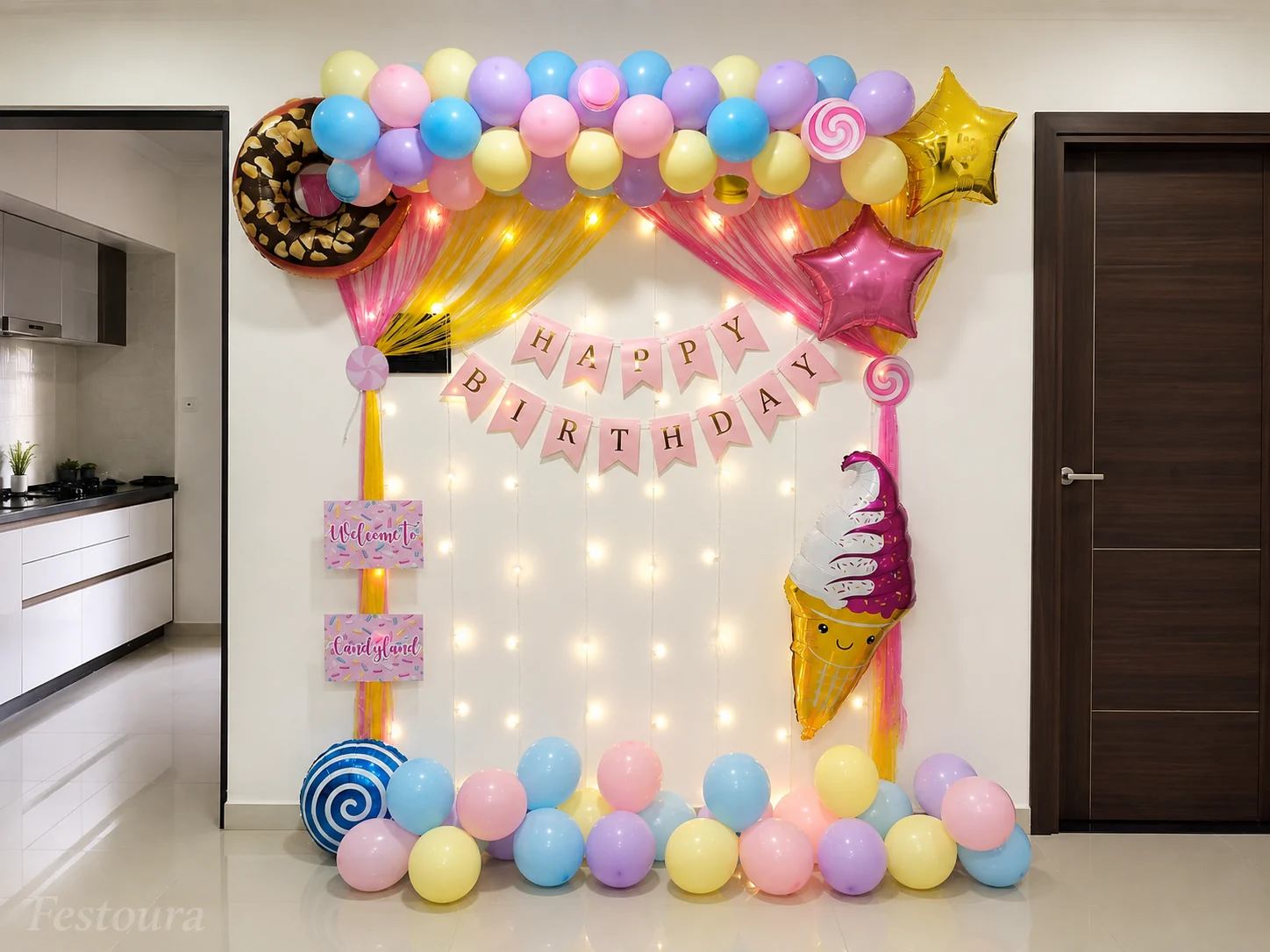 Pastel Candyland Kids Birthday Balloon Decor