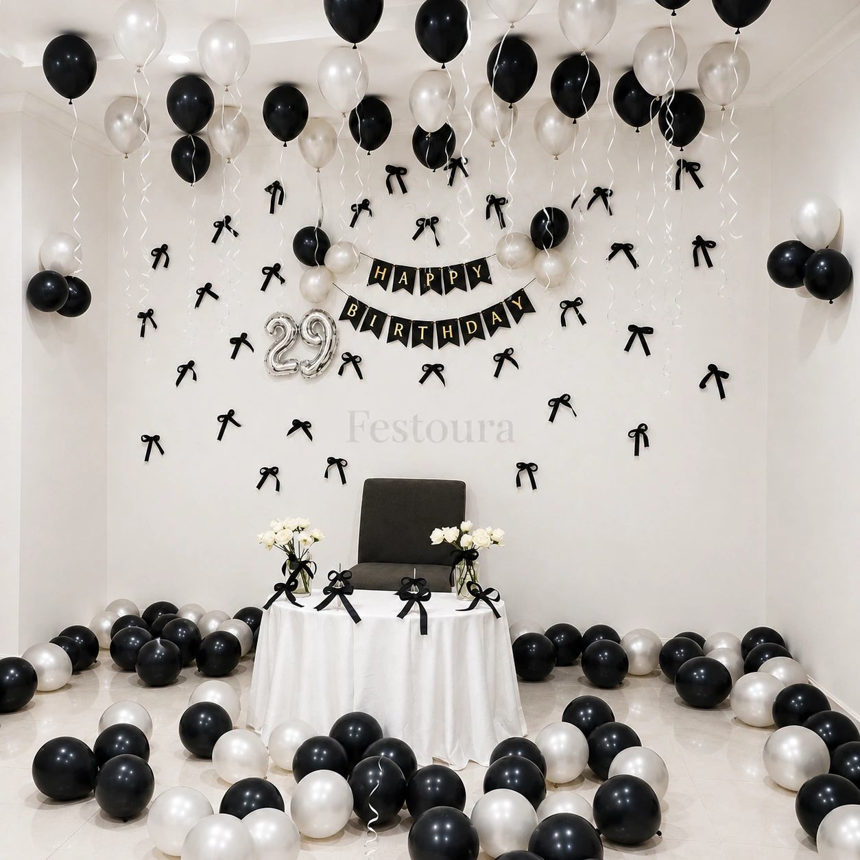Classic Monochrome Birthday Balloon & Bow Styling