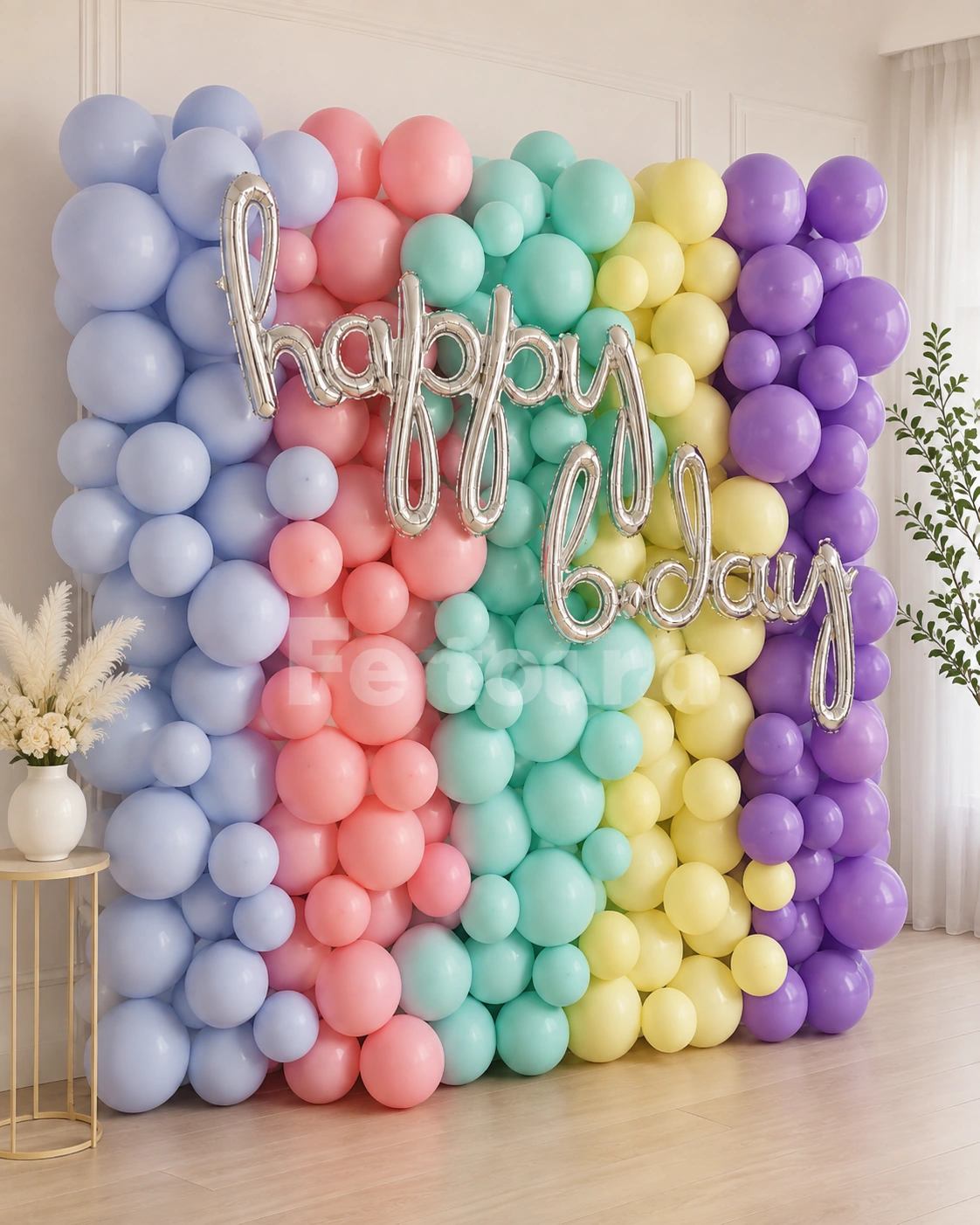 Cursive Silver & Pastel Rainbow Balloon Backdrop