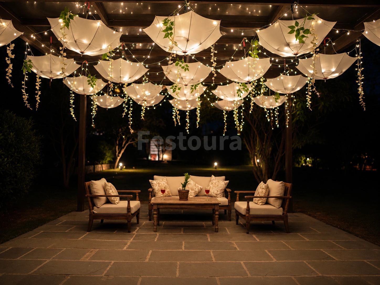 White Hanging Umbrella & Fairy Light Decor