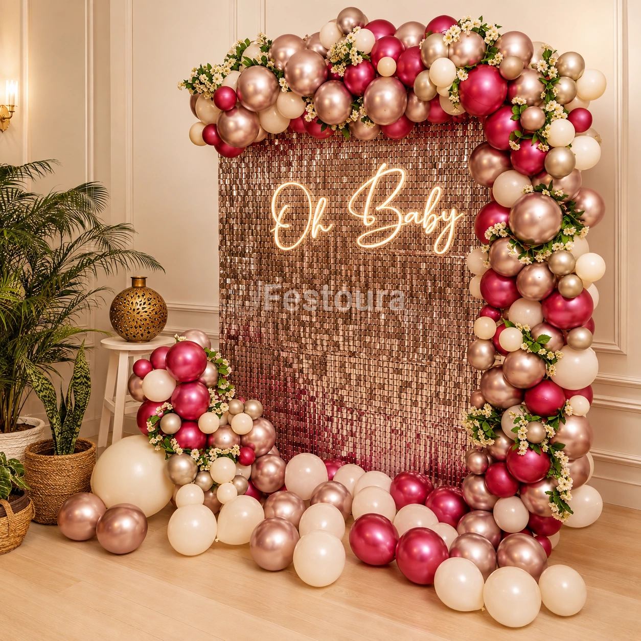 Rose Gold Sequin & Neon Welcome Baby Backdrop