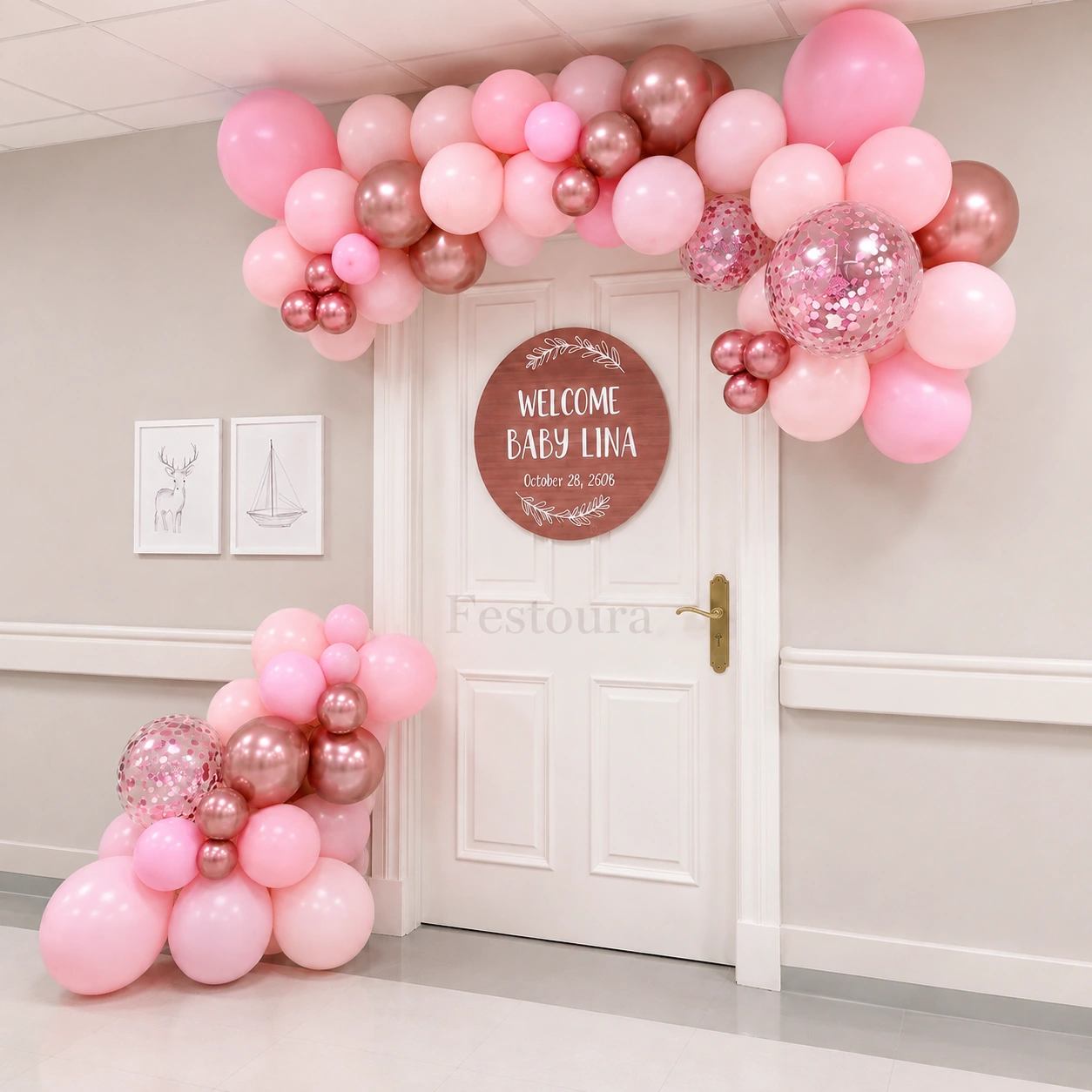 Pastel Pink and Rose Gold Welcome Baby Door Decoration