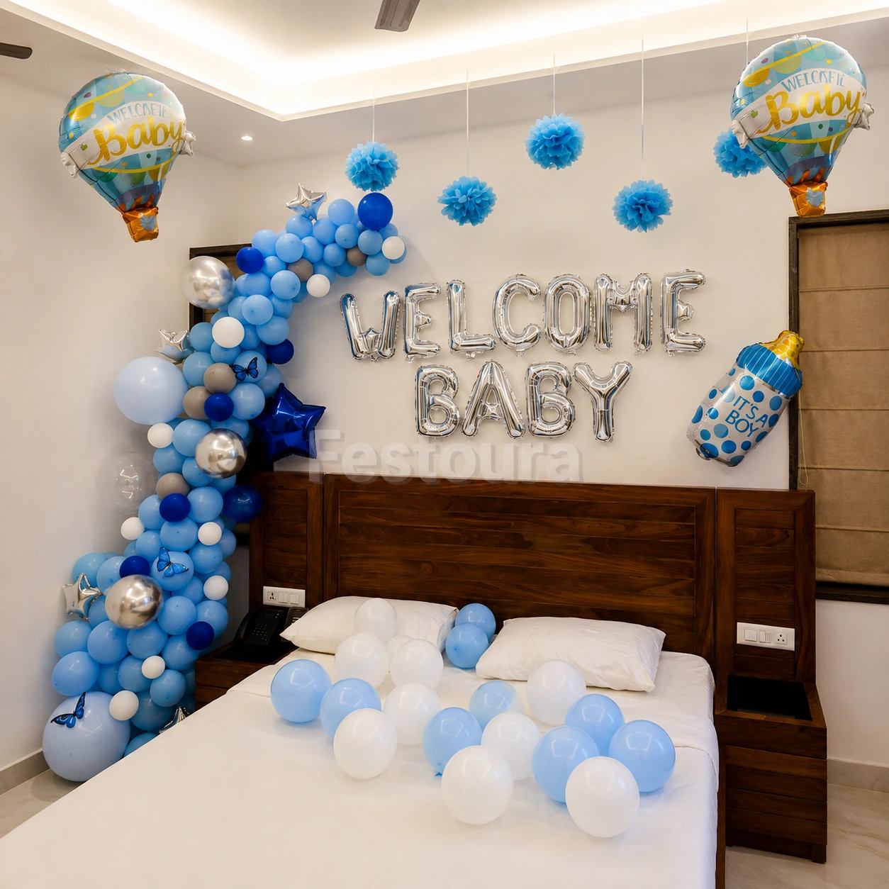 Whimsical Blue Welcome Baby Backdrop
