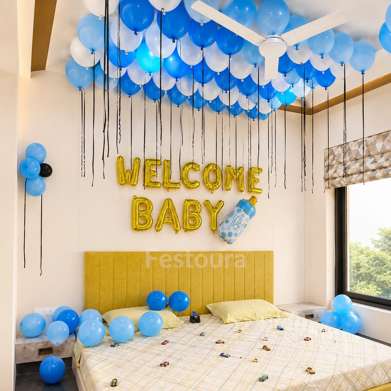 Blue and Gold Welcome Baby Balloon Backdrop