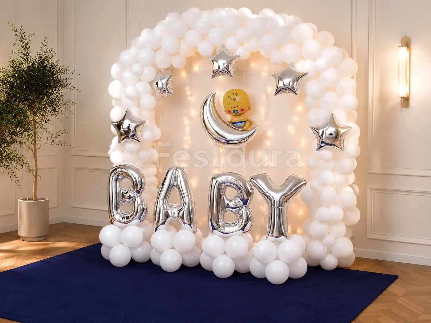 Elegant Celestial Baby Shower Decoration with Glowing Net Backdrop