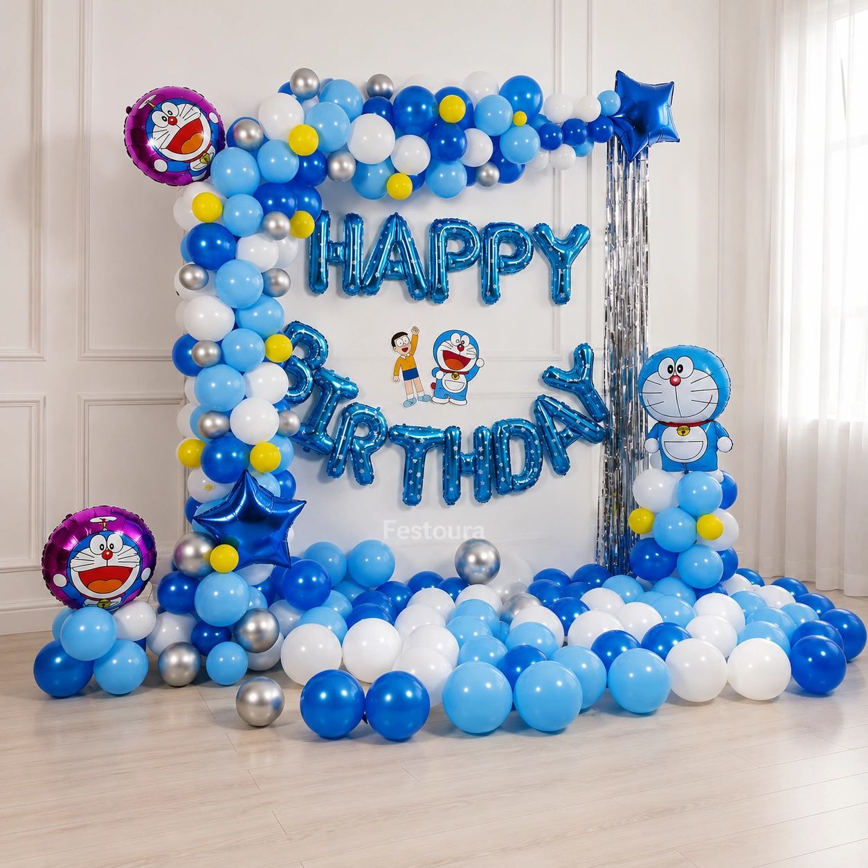 Doraemon Themed Blue and Silver Birthday Decor