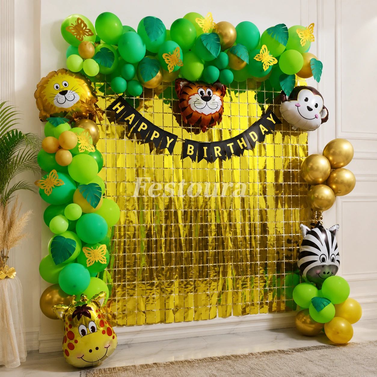 Golden Shimmer and Wild Safari Birthday Decor