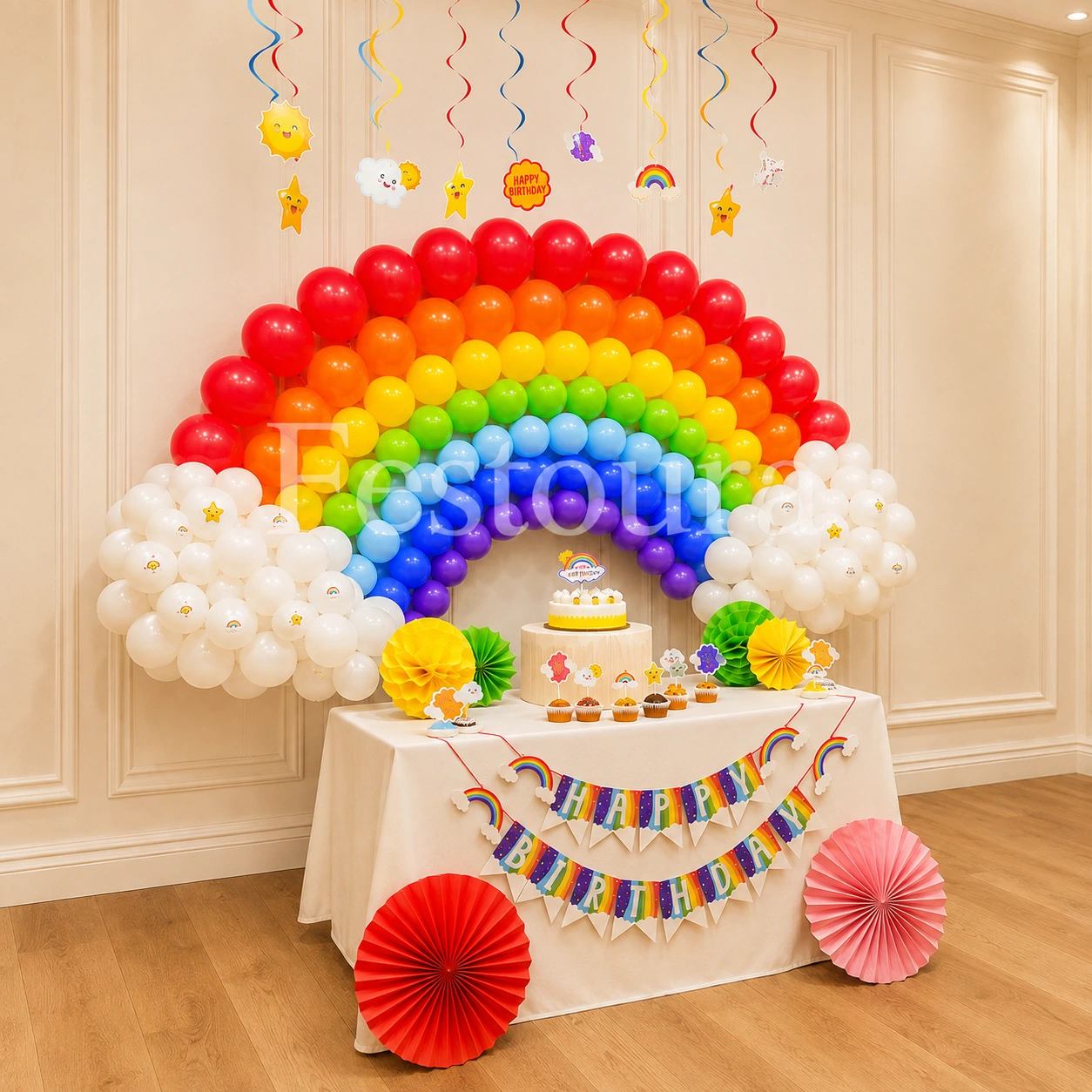 Vibrant Rainbow Birthday Balloon Setup