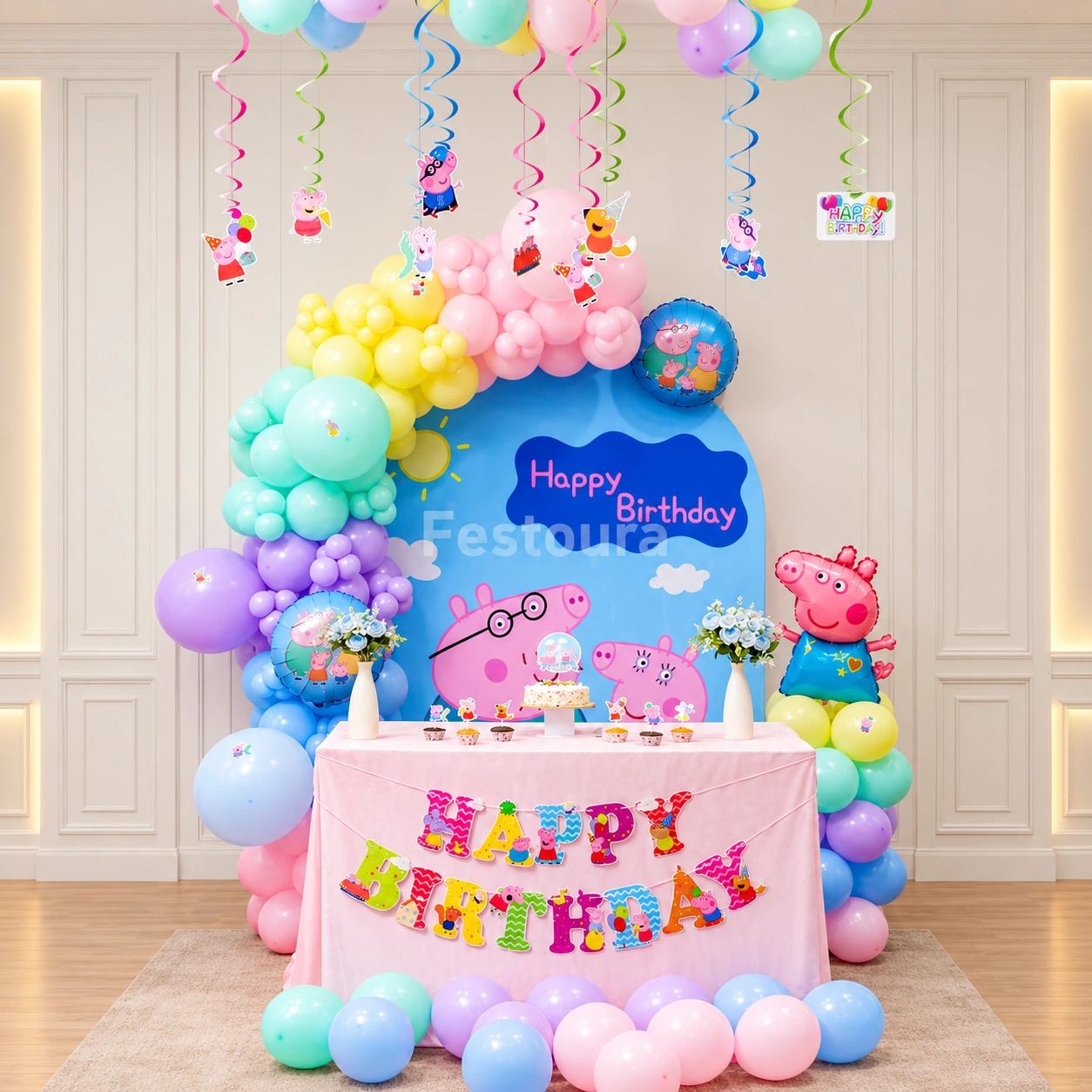 Peppa Pig Pastel Balloon Arch & Backdrop Setup