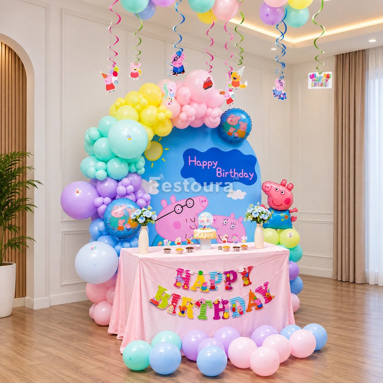 Peppa Pig Pastel Balloon Arch & Backdrop Setup