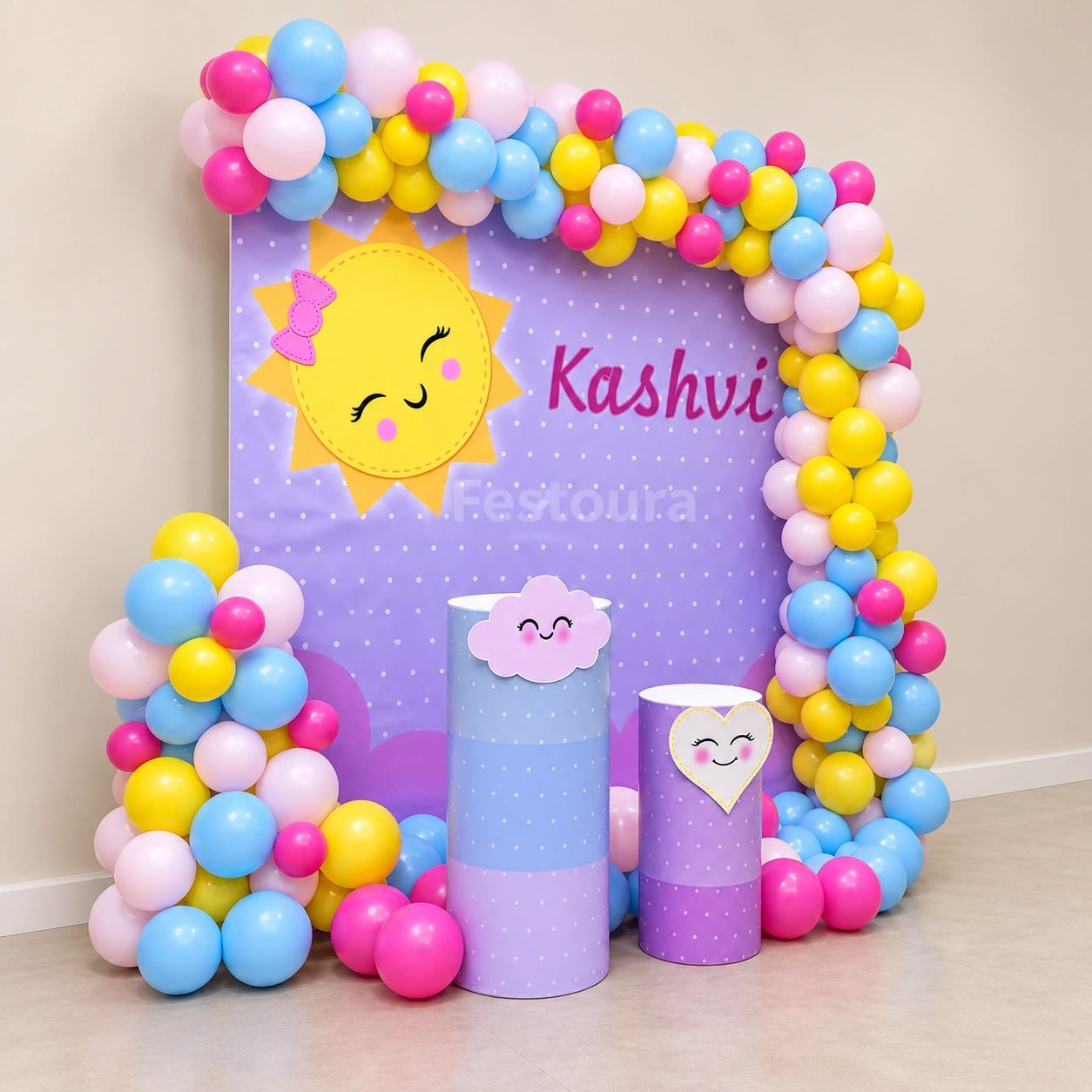 Customized Sunshine Backdrop & Pastel Balloon Arch Birthday Decor