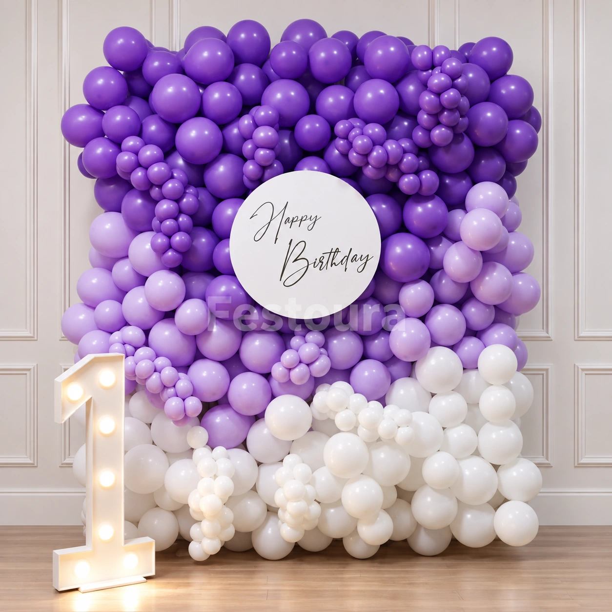 Purple & White Birthday Balloon Backdrop Wall
