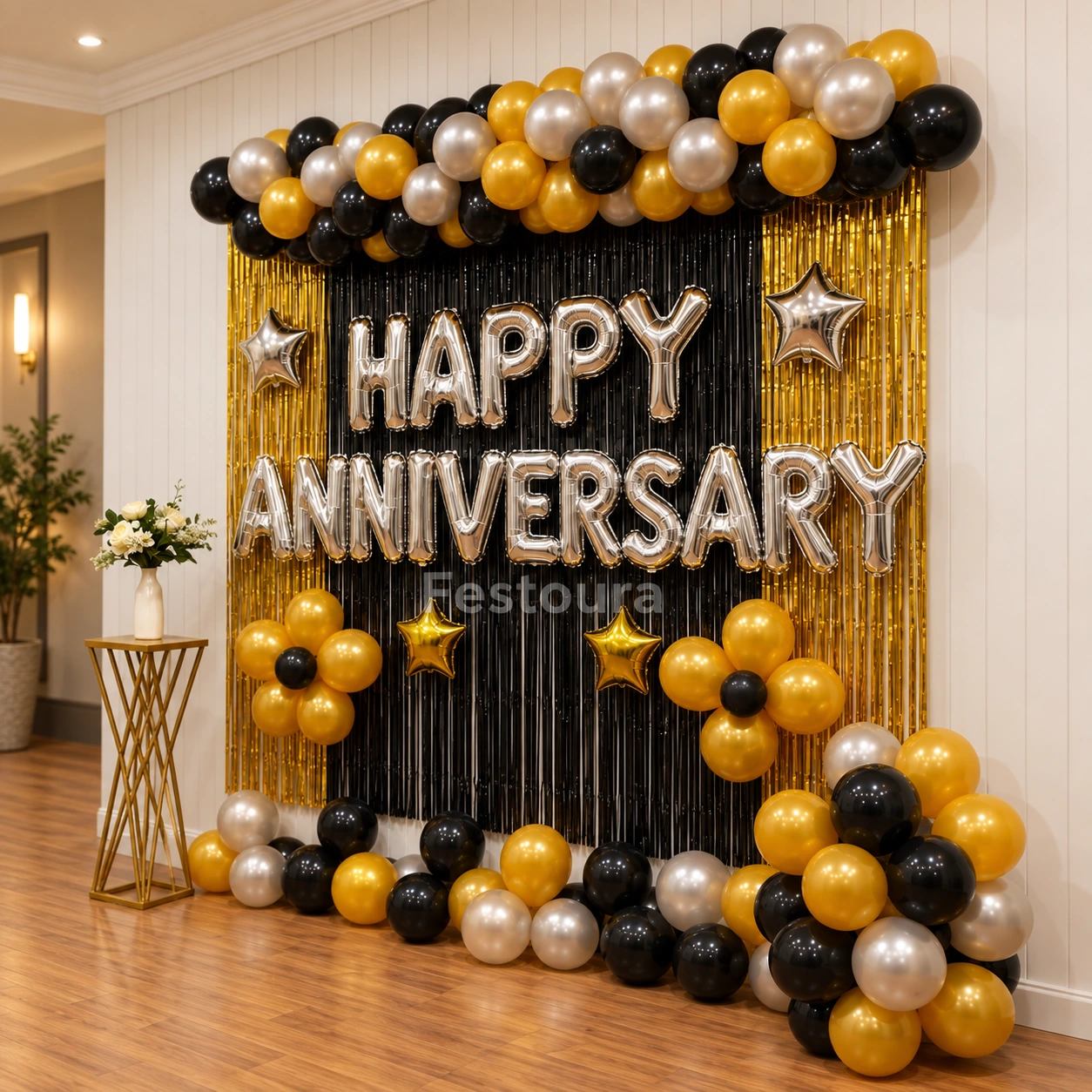 Refined Black and Gold Anniversary Backdrop