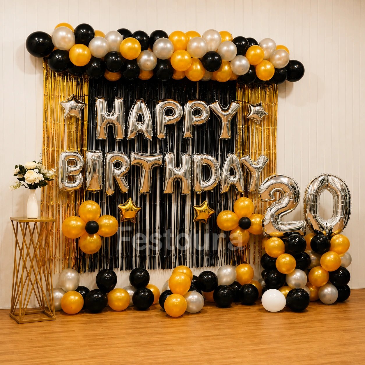 Luxe Metallic Birthday Arch and Fringe Backdrop