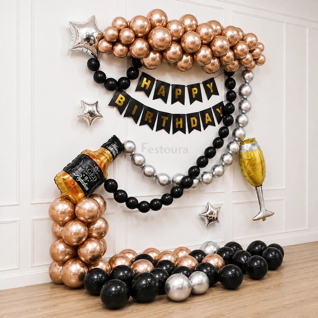 Black and Gold Champagne Birthday Balloon Decor
