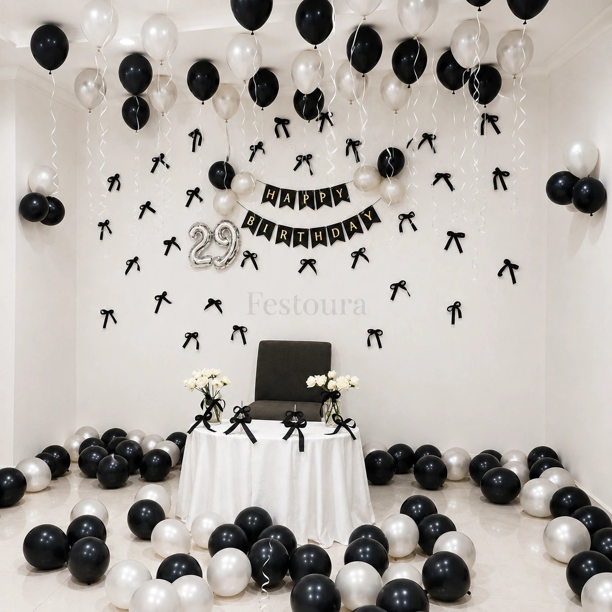 Classic Monochrome Birthday Balloon & Bow Styling