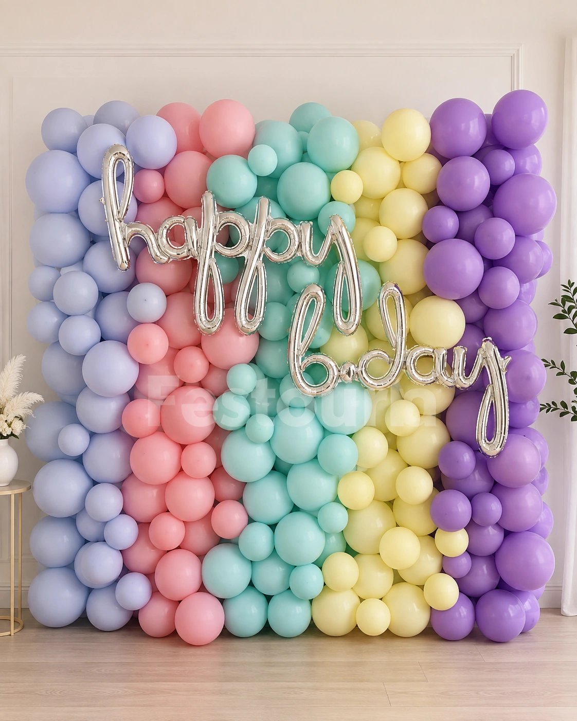 Cursive Silver & Pastel Rainbow Balloon Backdrop