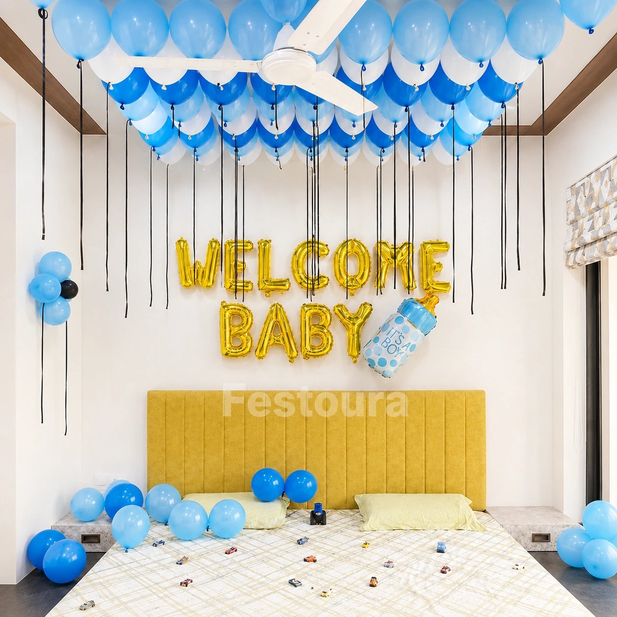 Blue and Gold Welcome Baby Balloon Backdrop