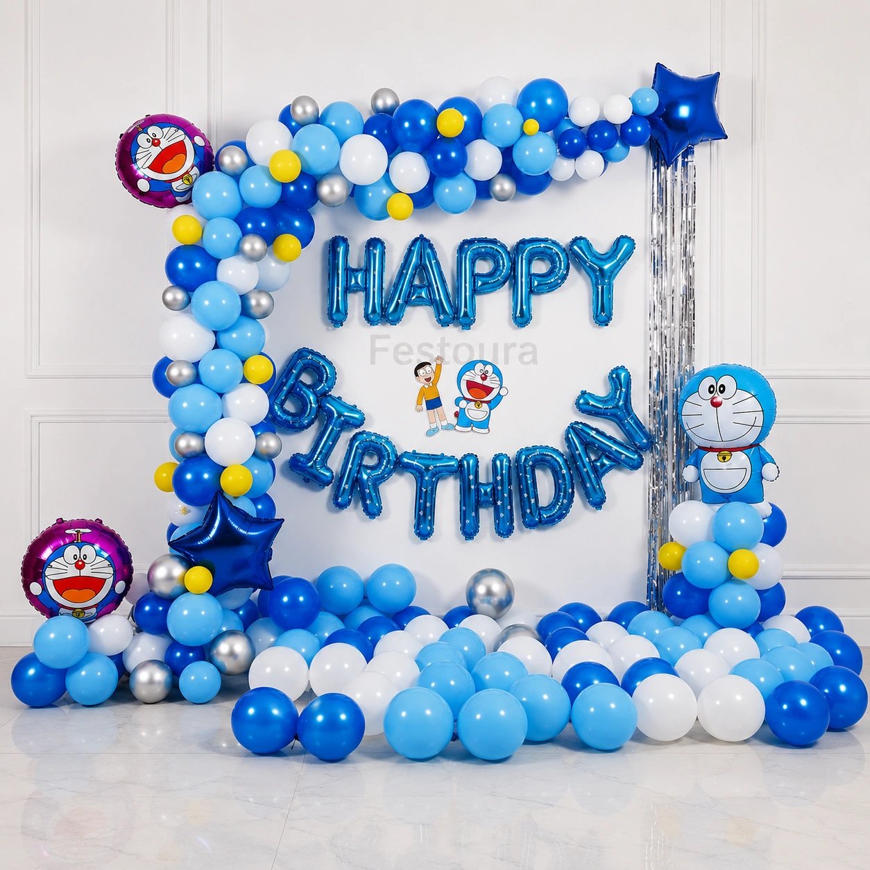Doraemon Themed Blue and Silver Birthday Decor