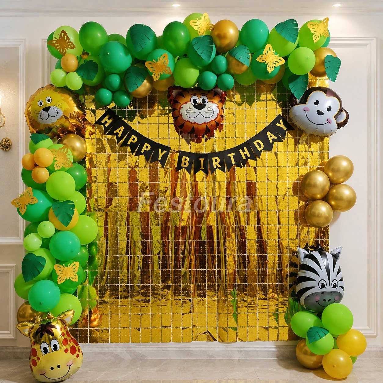 Golden Shimmer and Wild Safari Birthday Decor