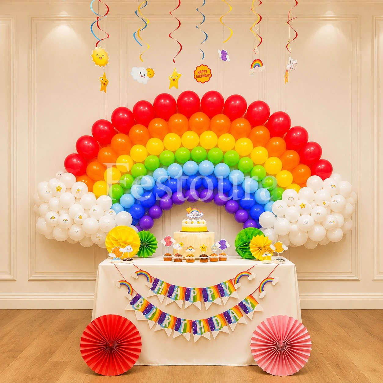 Vibrant Rainbow Birthday Balloon Setup