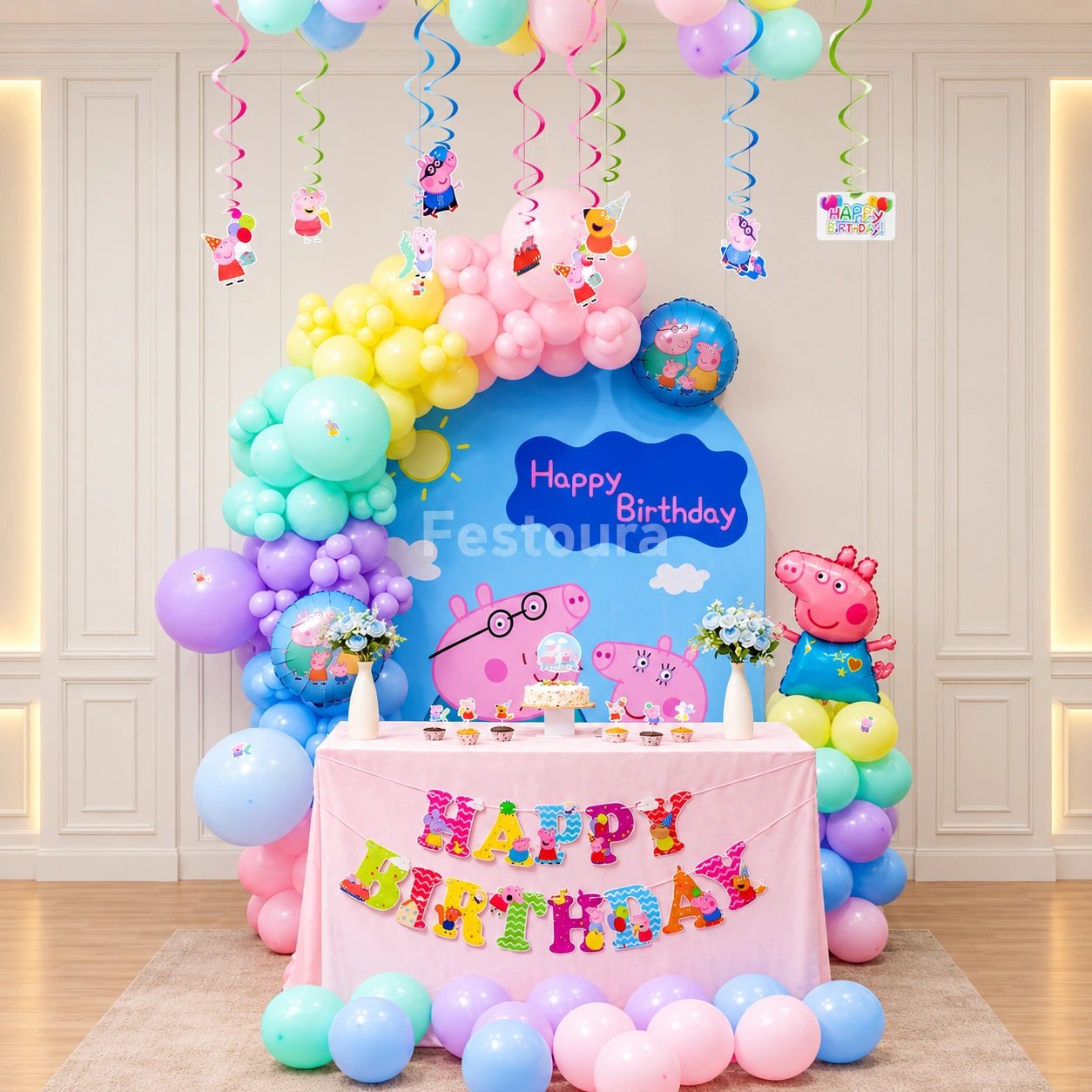 Peppa Pig Pastel Balloon Arch & Backdrop Setup