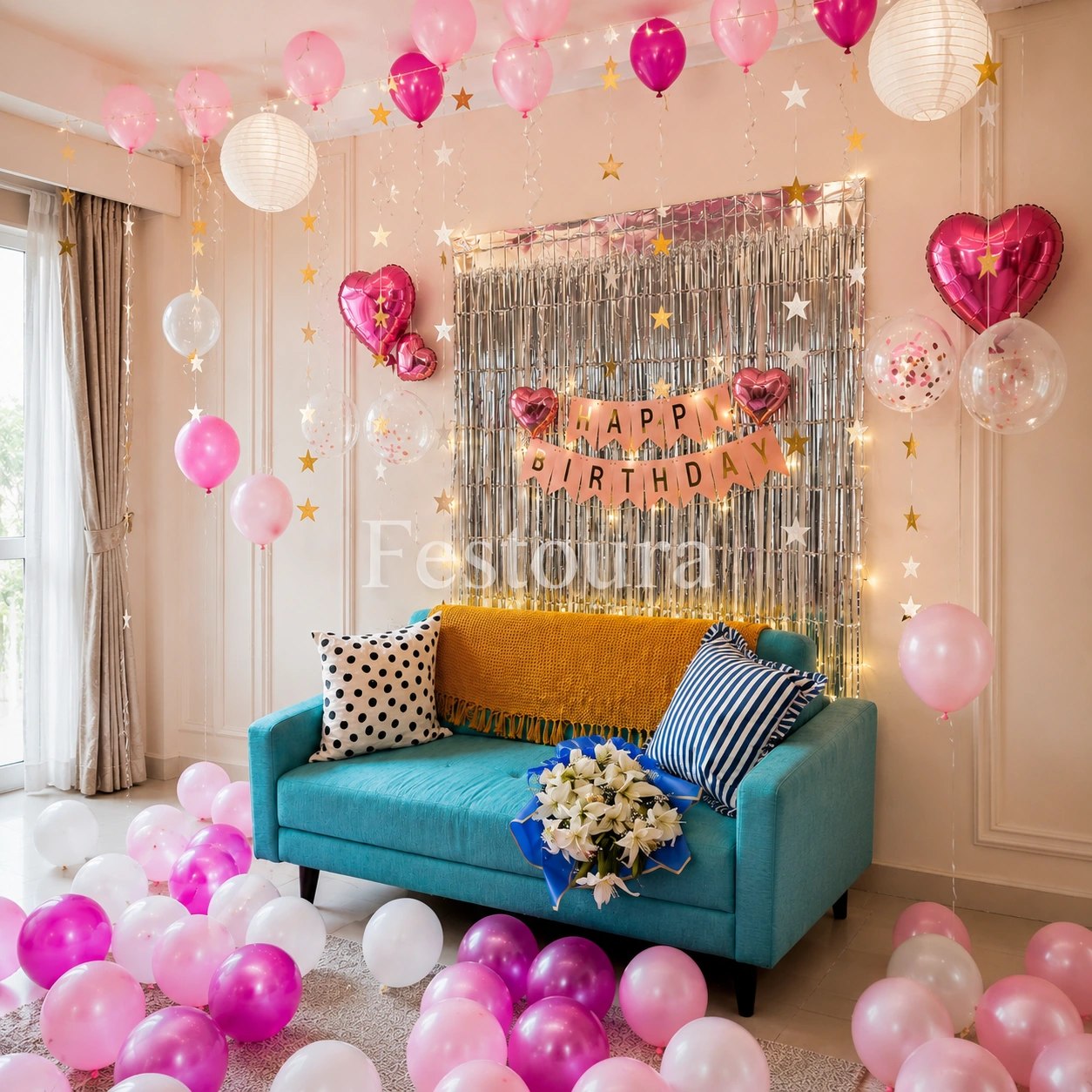 Shimmering Heart & Star Birthday Backdrop