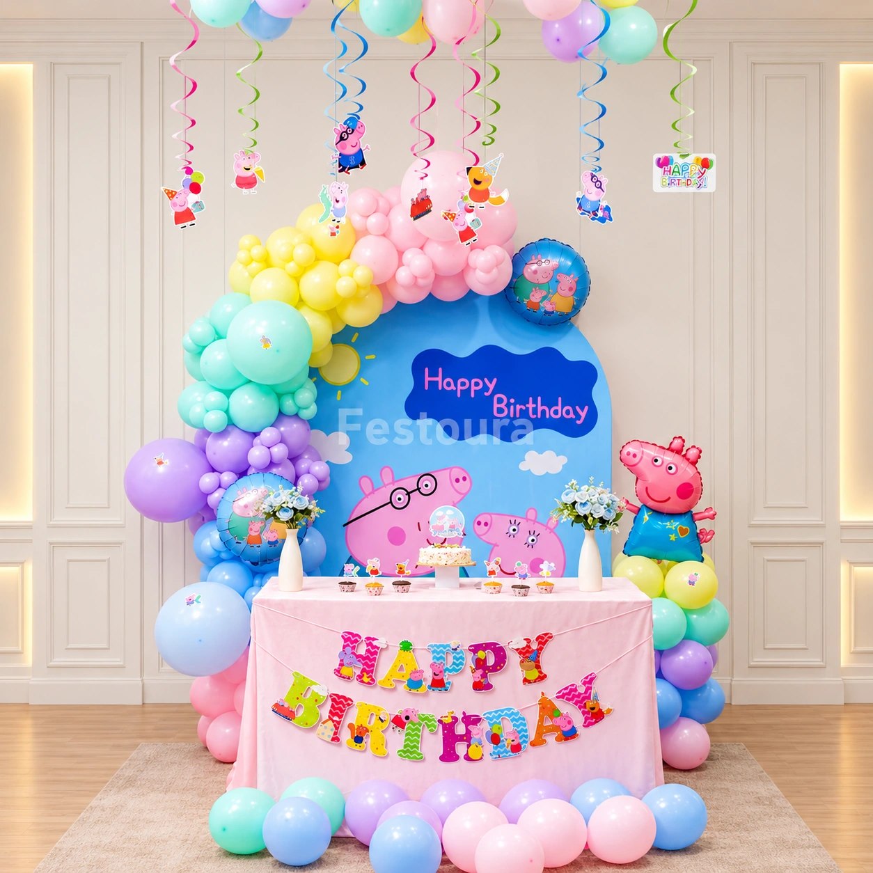 Peppa Pig Pastel Balloon Arch & Backdrop Setup