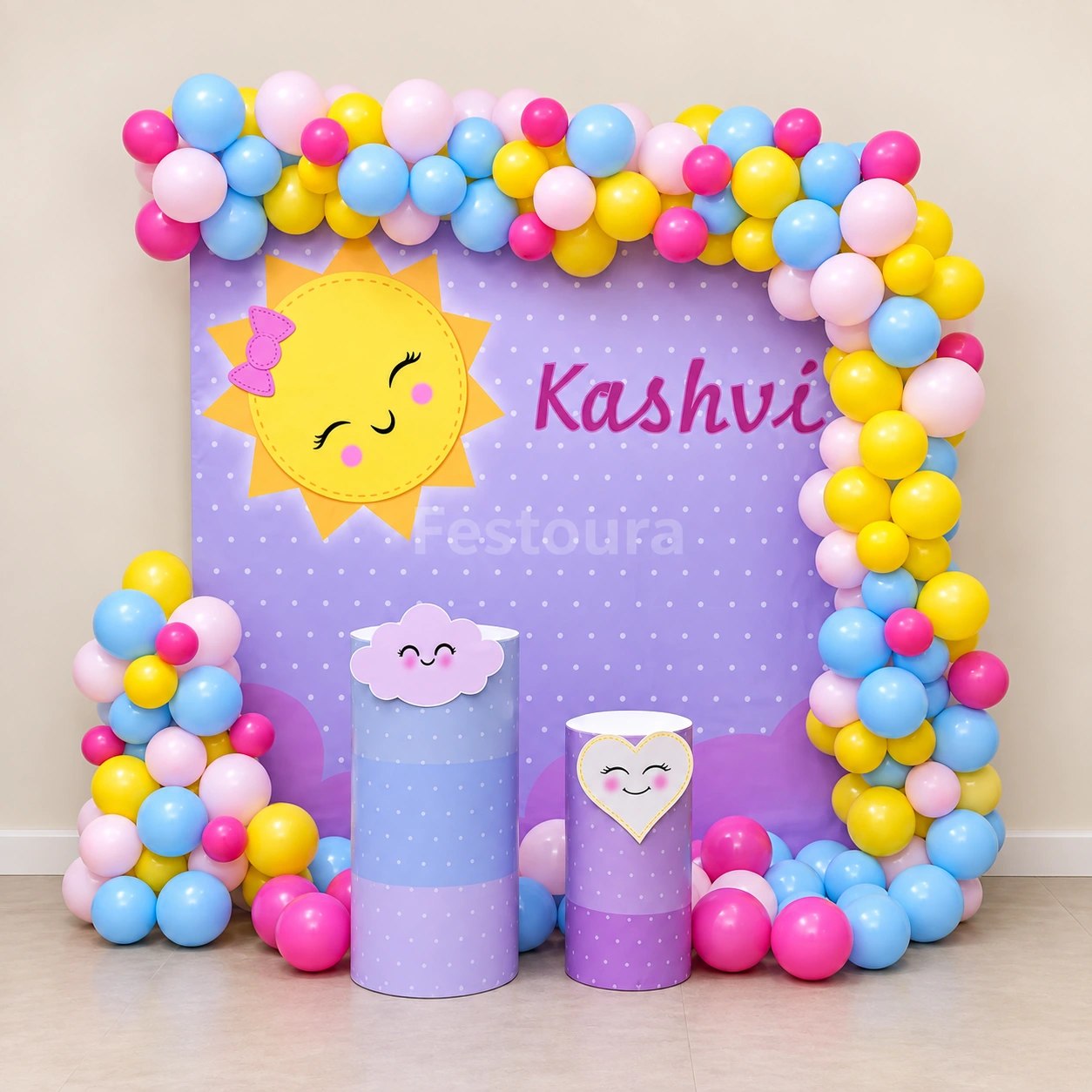 Customized Sunshine Backdrop & Pastel Balloon Arch Birthday Decor